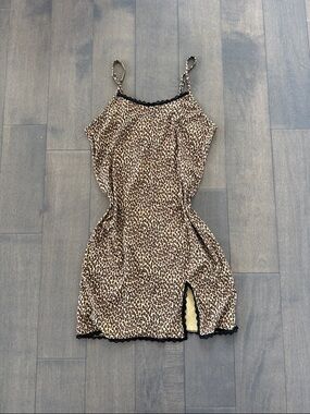 Leopard Print Mini Slip Dress with Lace Trim - Brown
